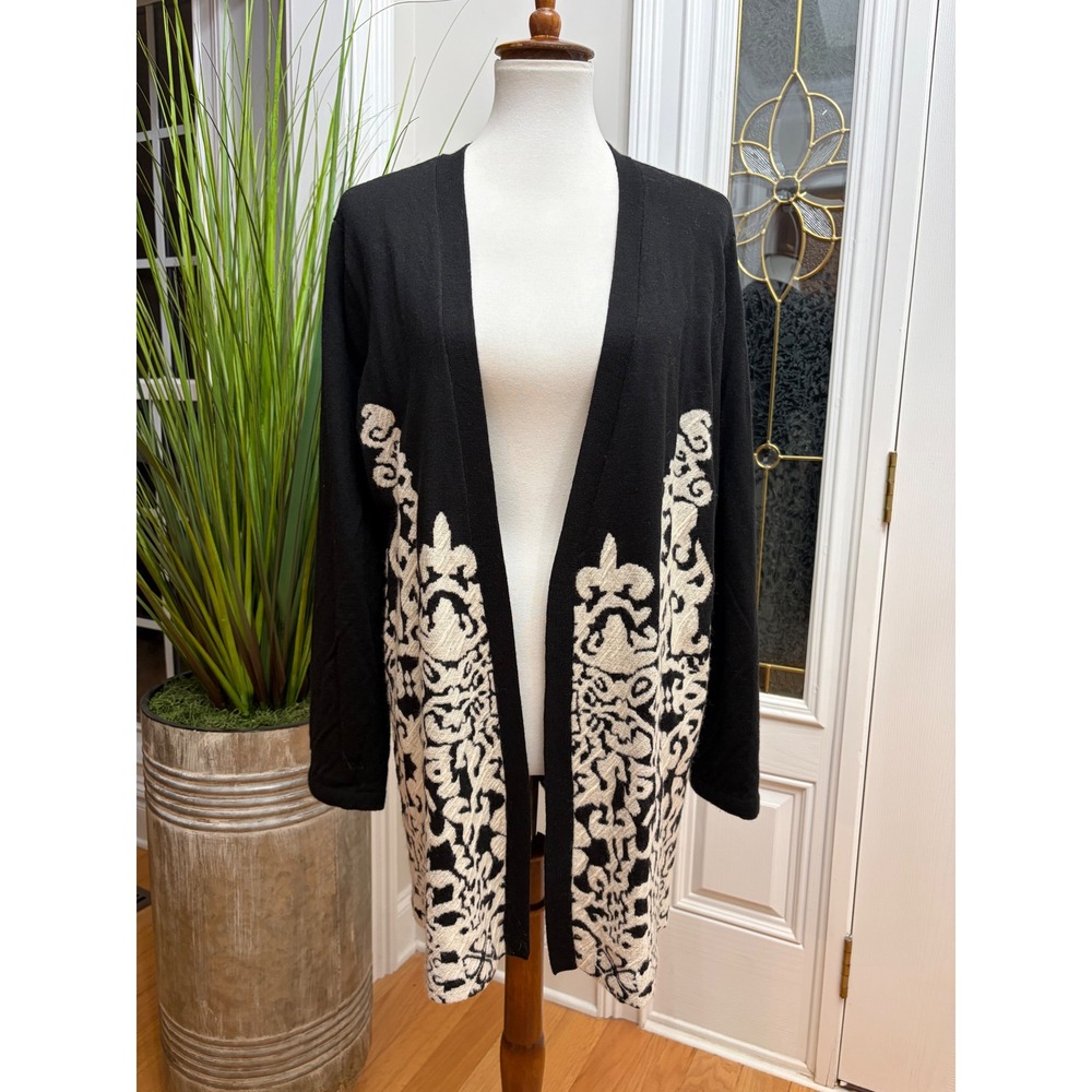 Chicos Wool Blend Open Front Cardigan Black White Damask Sweater Size 3 XL